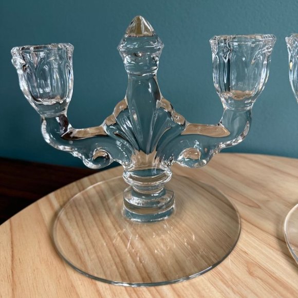 Vintage Pair Heisey Trident Double Candle Holders Crystal Etched Orchid Clear 19 - Picture 2 of 10